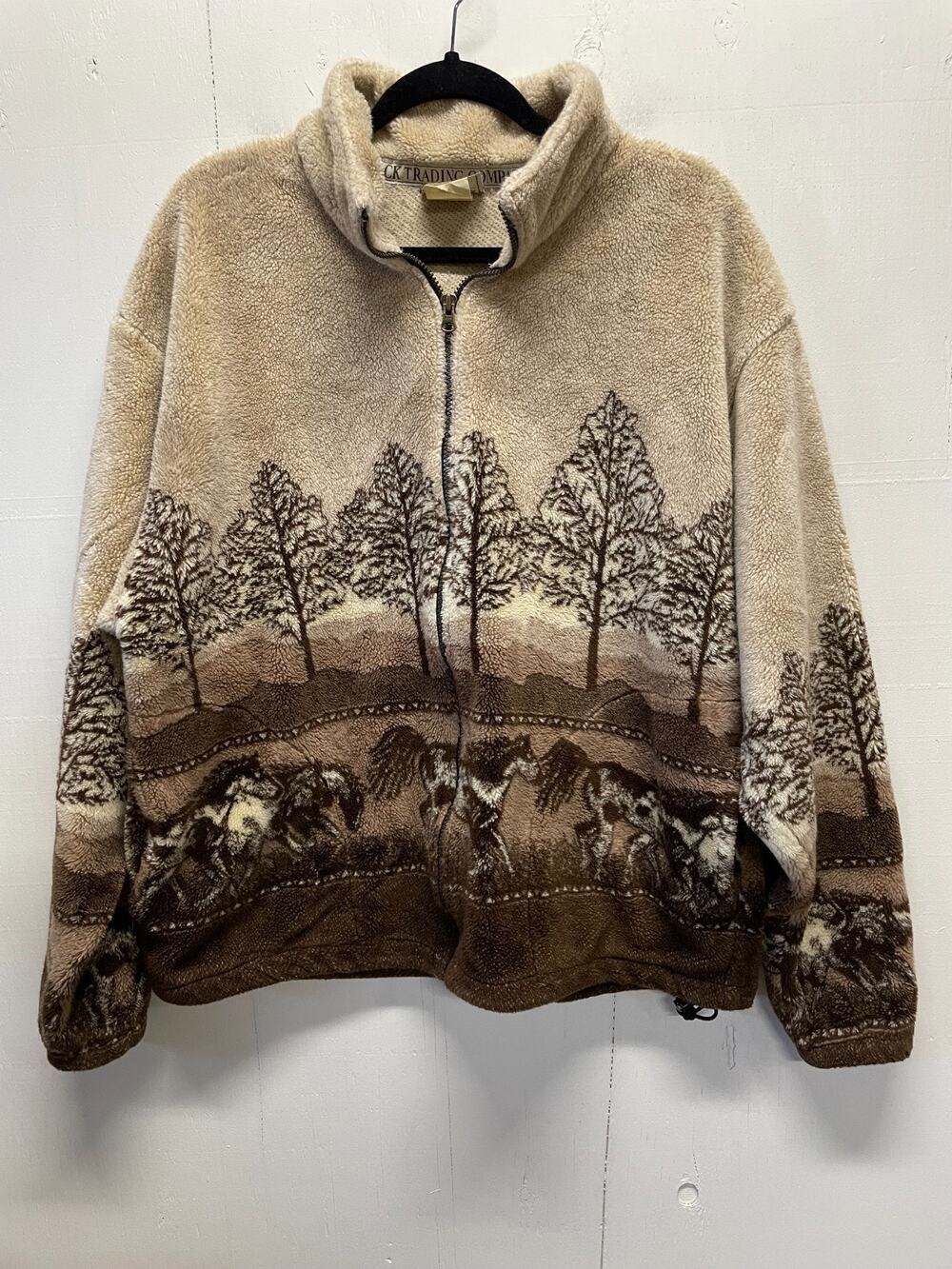 Men's Vintage 90s Zip-Up Fleece Jacket Brown Forest Running Horses Size Large